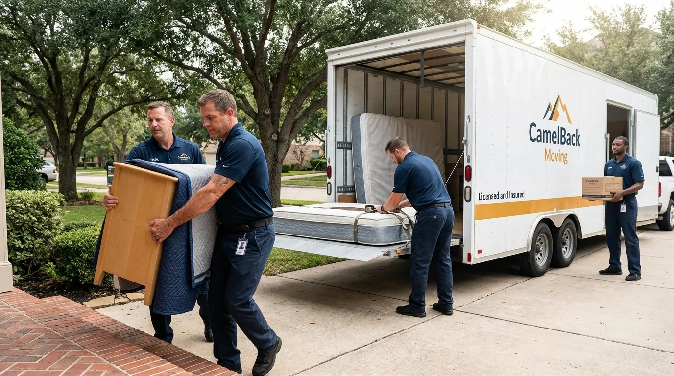 Crew loading residential truck for cross-state move from Crete, IL