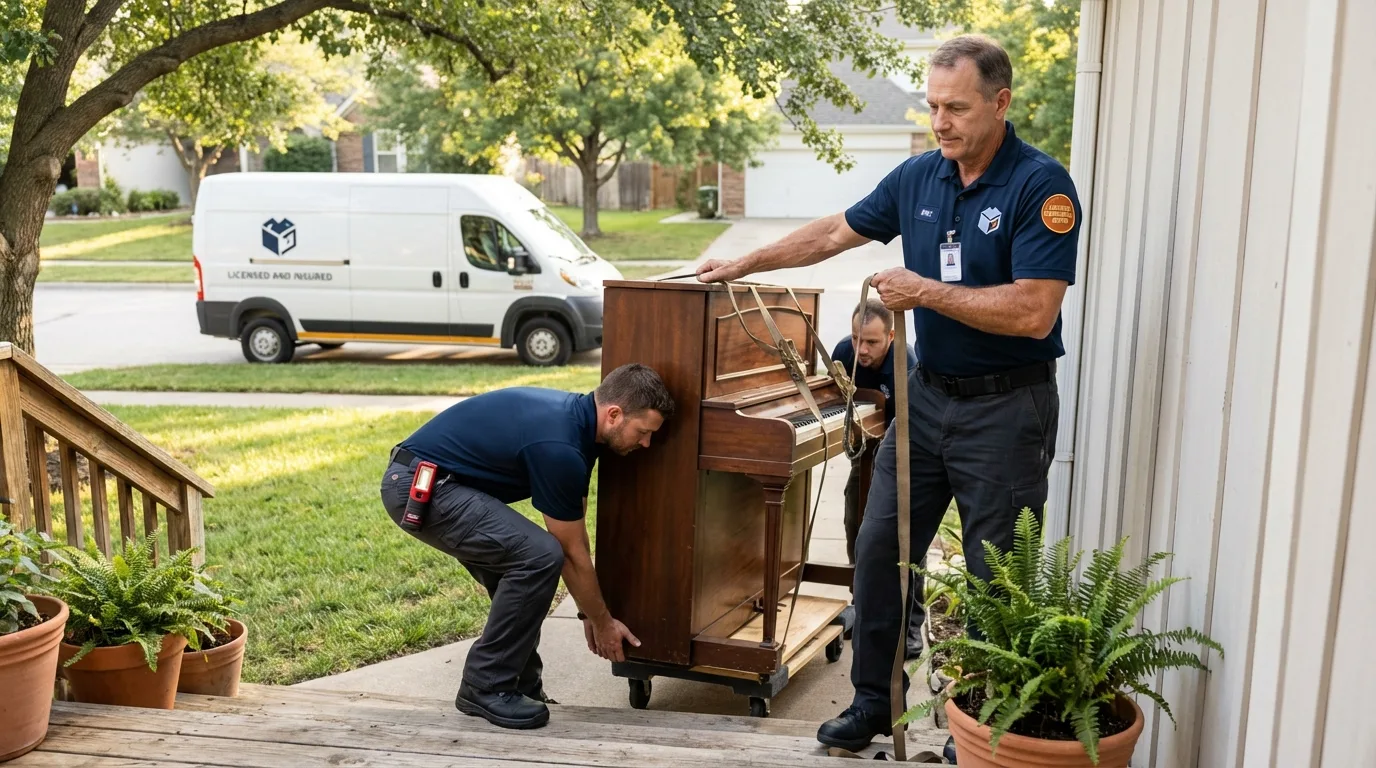 Licensed piano movers securing grand piano in Crete, IL