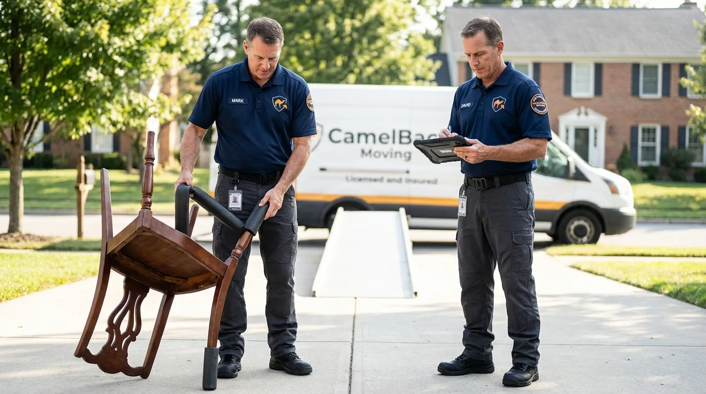 Movers inspecting furniture for damage prevention before loading in Crete, IL