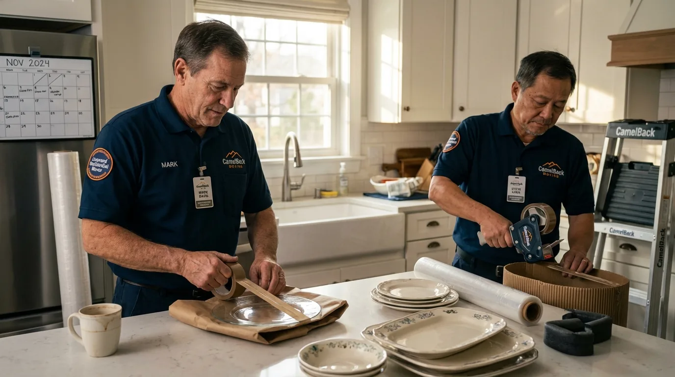 Professional crew packing kitchen dishware in Crete, IL
